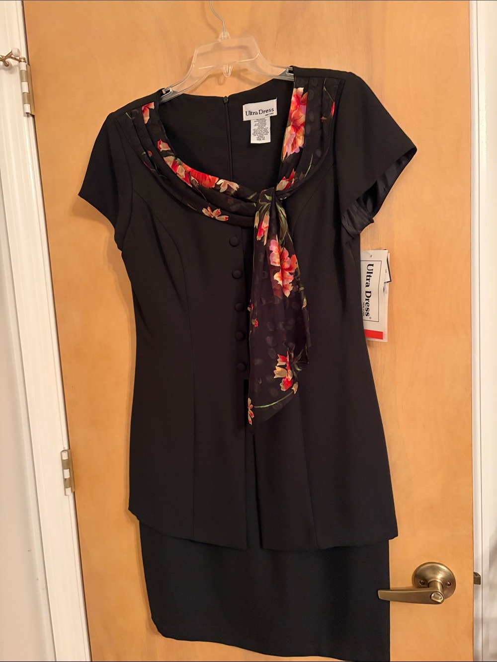 NWT Black Short-Sleeve Dress with Floral Scarf Accent